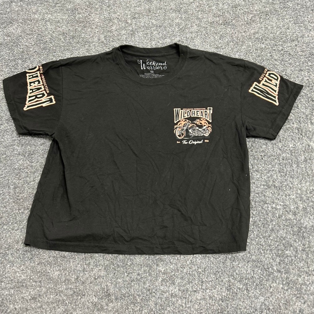 Weekend Warriors T-Shirt Womens Size M Black Wild Heart Biker Graphic Crop Top